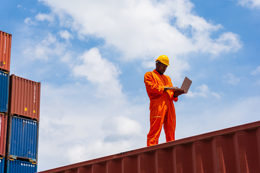 Black worker standing on a container box using a laptop working in the commercial port
